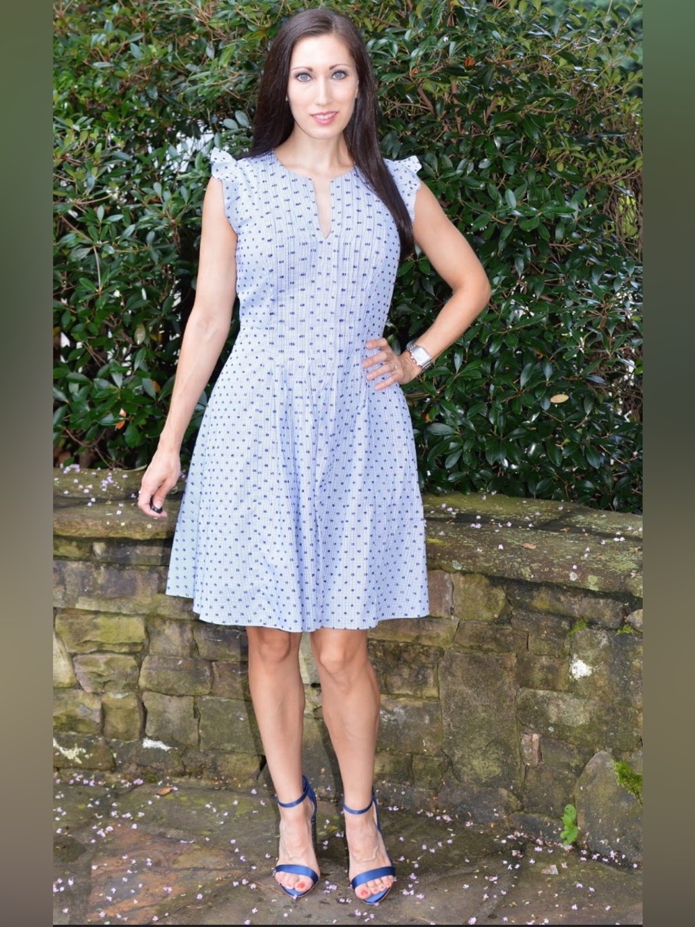 CeCe Light Blue Polka Dot Fit-and-Flare Dress